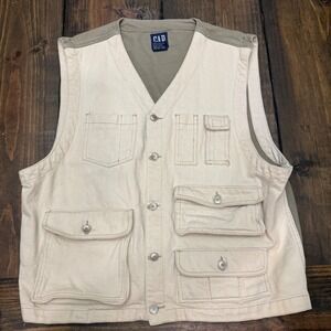 Gap Mens Vintage Utility Fishing Vest Cream Olive Cotton Canvas Large